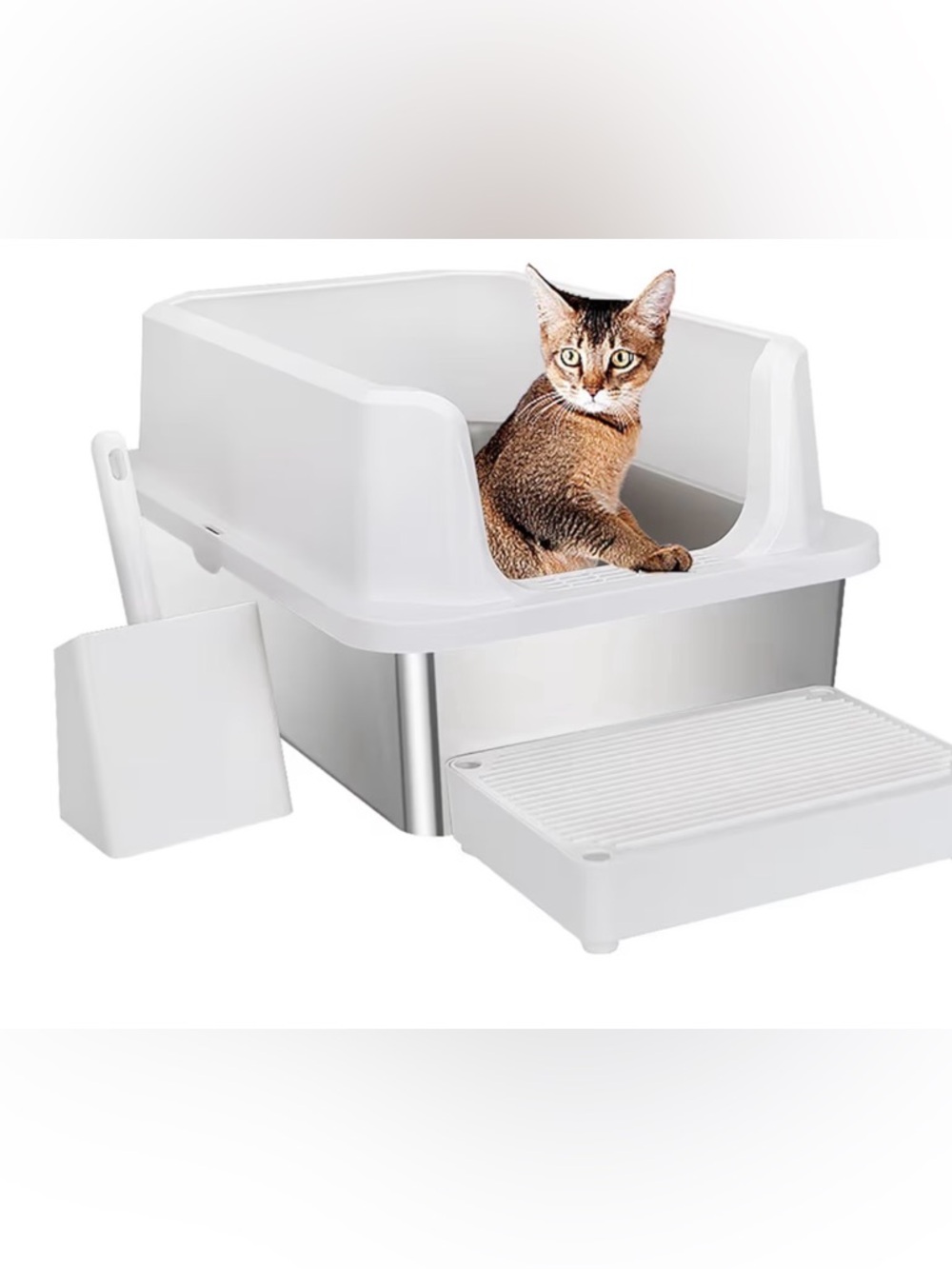 White Cat Litter Box with Step Tray - Modern Covered Design